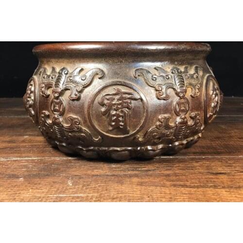 7"Chinese temple collection Old Bronze Cinnabar Lacquer treasure bowl Ingot statue Lucky Jinbao Incense Burner Ornaments