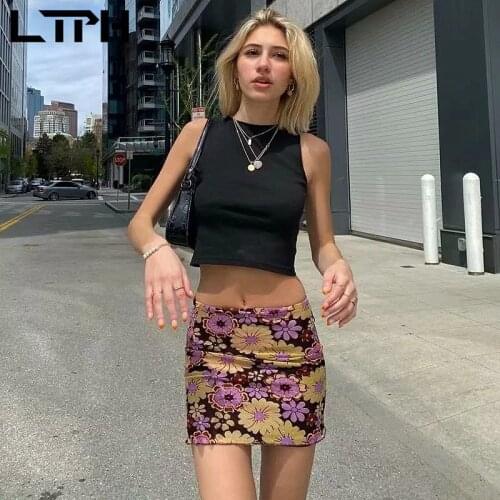 LTPH ins streetwear high waist skirt women vintage floral print double layer mesh stretch package hip skirts 2021 summer new