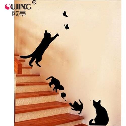 Cartoon Black Naughty Kitten Wall Sticker For Kids Room Bedroom Stairs Home Decoration Vinyl Wall Decals Cute Cats DIY Art Mural
