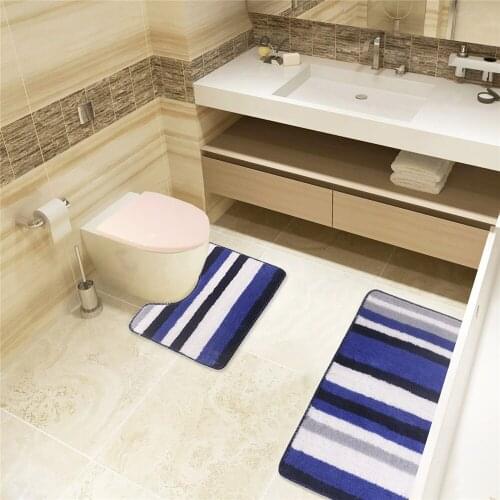 Soft Comfortable Blue and White Chenille Bathroom Set 2 Piece Non Slip Bath Mat and Rugs for Toilet beautiful blue stripe line