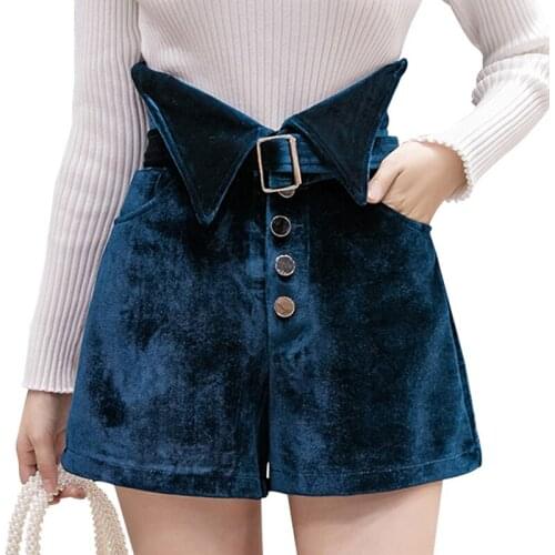Irregular Plus Size Velvet Belted Shorts Women Fashion Streetwear Button Down High Waist Shorts Pocket Black Shorts Plus Size