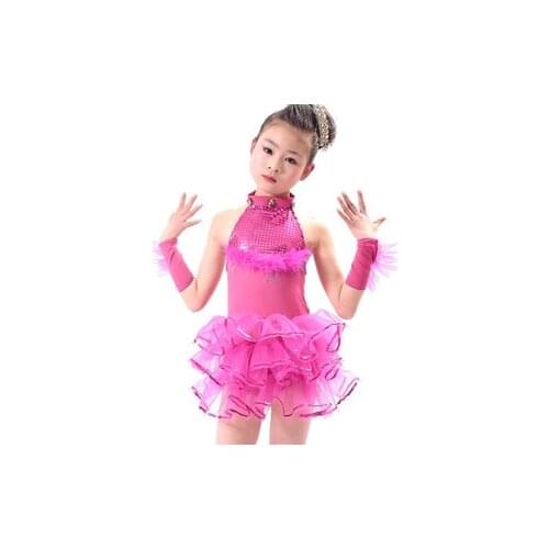 New 2016 Rose Red and Yellow Dance Dress with Lace Girls Children Salsa Performance Tutu Latin Dance Dresses for Sale