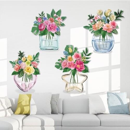 [SHIJUEHEZI] Flower Plants Wall Stickers DIY Glass Bottles Wall Decals for Living Room Kids Bedroom Kitchen Home Decoration