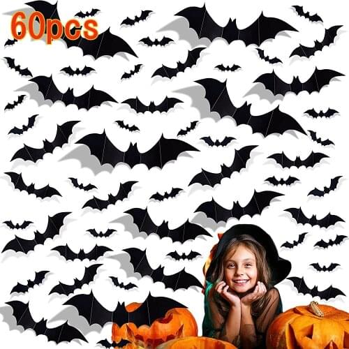 Halloween Decorations 3D Bats Stickers,Black PVC Scary Bats Wall Sticker for Home Window, Halloween Party, Room Decor with Tape