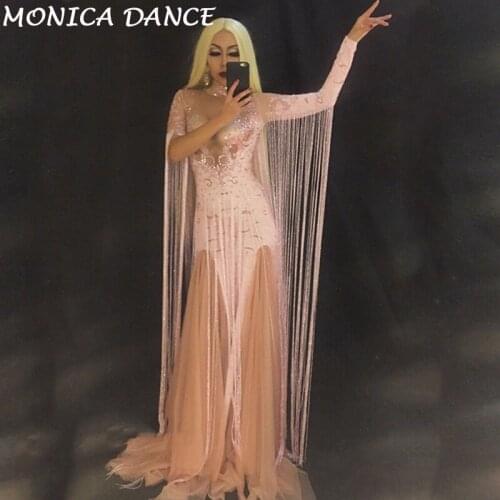 Wome Sexy Stage Tassel Pink Long Dress Sparkling Crystals Women Costume Nightclub Party Singer Dancer Performance Stage Wear