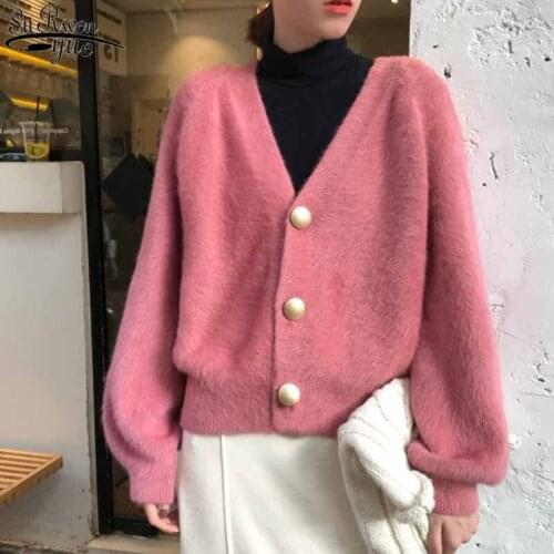 2021 Winter and Autumn Imitation Mink Jacket Lazy Elegant Lantern Sleeve Loose Sweater Women V-neck Knitted Cardigan Women 11635