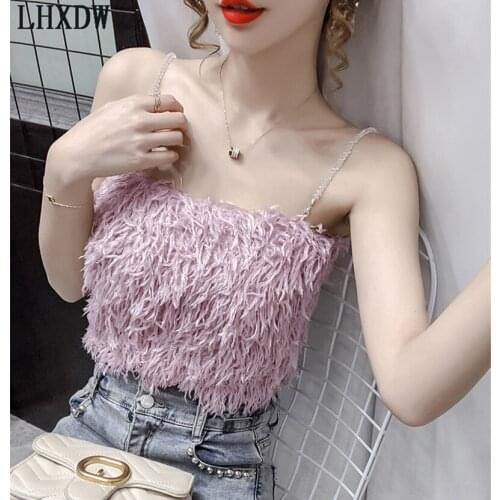 Womens Faux fur bead chain fluff outer wear plush velvet camisole 2021 new slim sexy short bottoming faux fur vest fur camisole