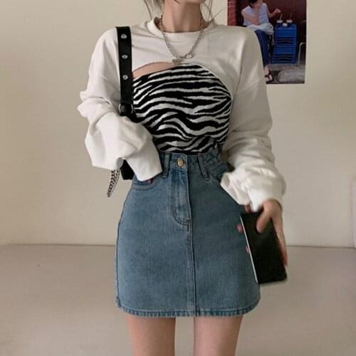 Sets Women Long Sleeve Loose Tees Sexy Crop O-neck Zebra Pattern Top Streetwear Vintage Harajuku Two-piece Daily Asymmetrical