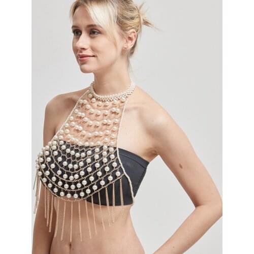 New Fashion Handmade Patchwork Pearl Tassel Tank Tops Hollow Out Halter Backless Sleeveless White Nightclub Party Crop Top