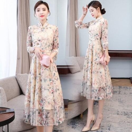 2021 New Women Summer Dress High Quality Three Quarter Sleeve Dress Chinese Style Retro Print Improved Cheongsam Dress