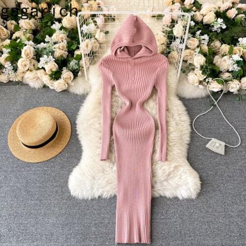 Gagarich Women Dresses 2020 Winter Autumn French Elegant Sexy Temperament Female Hooded Slim Solid Color Knitted Vestidos