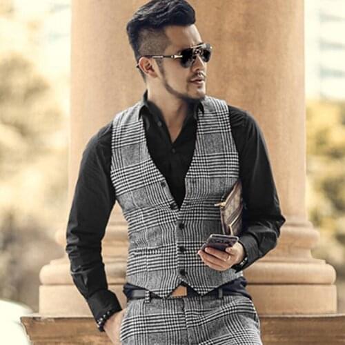 Mens Suit Vest Slim Fit V Neck Houndstooth Brown Grey Single-breasted Waistcoat Casual Formal Business Groomman For Wedding Vest