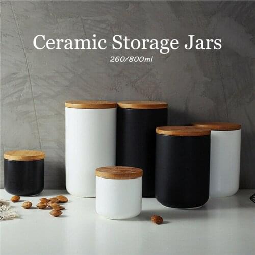 1pc 260ML 800ML Ceramic Storage Jars Wooden Lids Tea Coffee Sugar Canisters Kitchen Supplies Container Tea Pot Grain Organizer