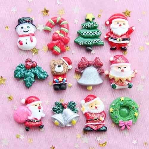 10Pcs Kawaii Glitter Christmas Decoration Flat back Resin Cabochon Snowman Santa Claus Scrapbooking Craft DIY Phone Decorarion