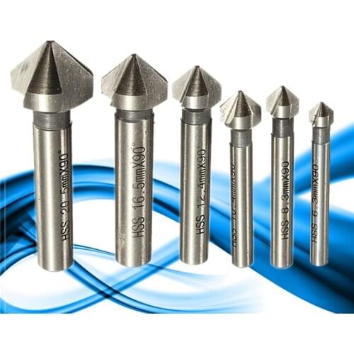 Round shank 6pcs 3 Flute 90 Degree HSS Chamfer Chamfering Cutter End Mill Tool Countersink Drill Bit Set 6.3-20.5MM