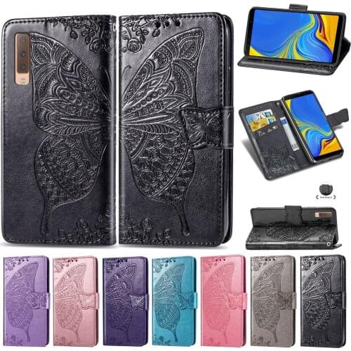 A750 Cute Butterfly Case for Samsung Galaxy A7 (2018) SM-A750F Cover Flip Leather Wallet Book Black GalaxyA7-2018 A 750 2018A7