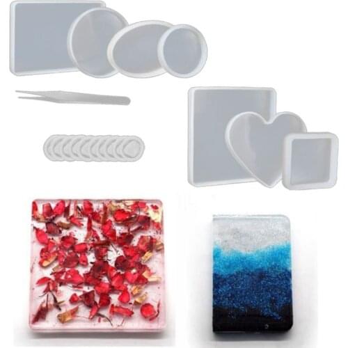 ANGELADY 18Pcs Handmade Coaster Silicone Resin Mold Round Square Rectangle Heart Oval Bottom DIY Molds Kit Jewelry Making Tools