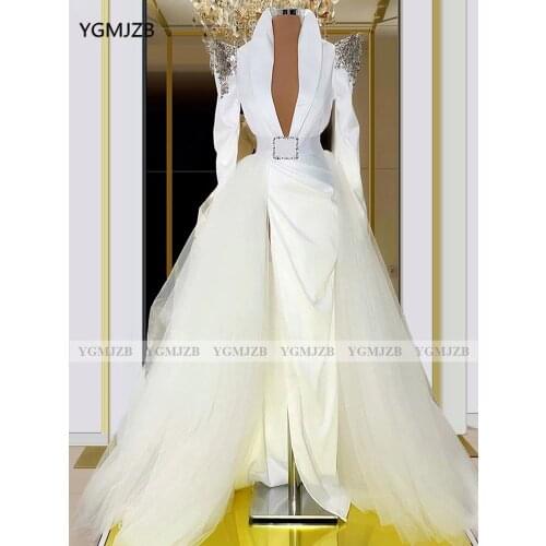 White Muslim Evening Dresses 2021 A-Line V-Neck Long Sleeves Dubai Women Prom Party Gowns with Beads Custom Made