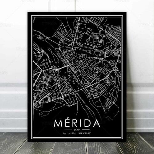 Black and White World City Map MERIDA Wall Art Canvas Poster Prints Nordic Style Paintings Picture Living Room decoration