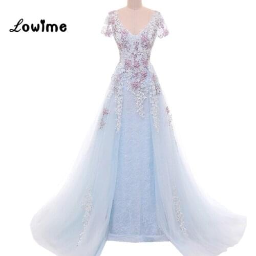 Elegant Vintage Lace Evening Dress with Short Sleeve Sexy Backless Light Blue Appliqued Pearls Prom Dresses vestido longo
