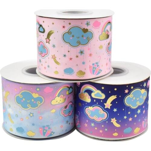 HSDRibbon 75mm 3inch hsd-design custom Rainbows clouds stars Pattern on Grosgrain Ribbon