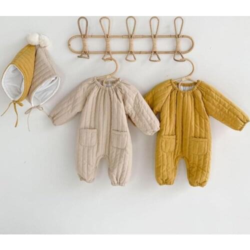 Newborn Baby Down Cotton Solid Rompers+hat Toddler Jumpsuit Baby Boy Girl Clothes Snowsuit Winter Thicken Warm Children Clothing