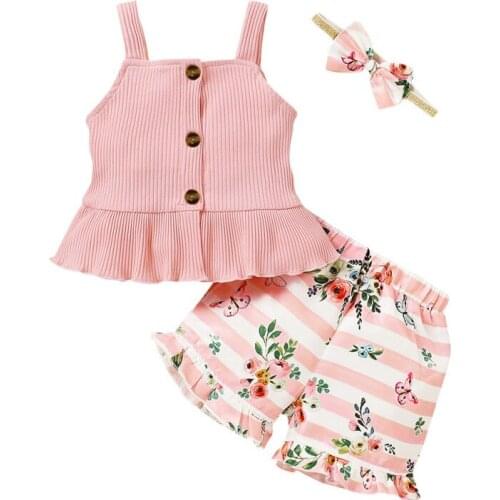 HOT 2PCS Toddler Kids Baby Girl Clothes Sets Sleeveless Solid Vest Floral Shorts Summer Outfit Set1
