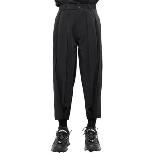 Yamamotos casual pants cropped up small leg pleated pleated pants buckle zipper warrior pants dark black
