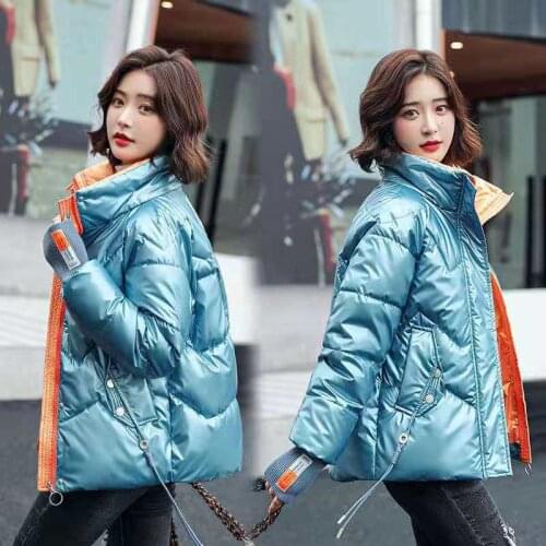 Bright Face Stand Collar Wash Free Personalized Down Jacket Womens 2021 Loose Short Small Cotton Padded Jacket Winter New Korea