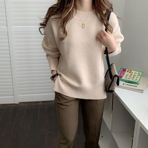 New Autumn Winter Womens Wweater Pullover Knitted Round Neck Long Sleeve Solid Solor Loose Warm Tops Female Thick Pull Sweaters