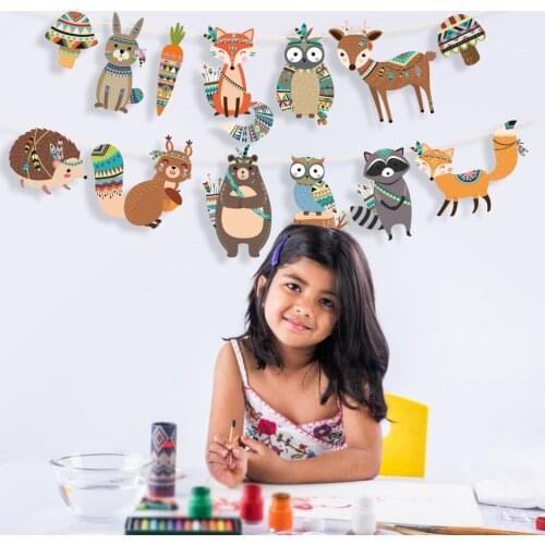 Happy Birthday Cartoon Indian Animals Party Banners Woodland Party Cute Rabbit Fox Owl Raccoon Hanging Bunting Party Decorations