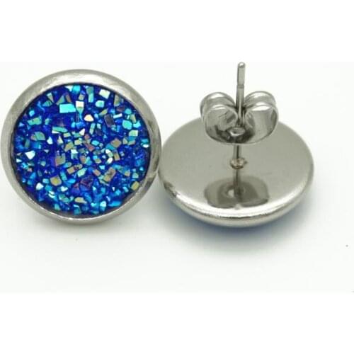 6 Colors 12mm Stainless Steel Druzy Drusy Earrings Imitation Lava Stone Bright Resin Cabochon Earrings for Women Jewelry Gift