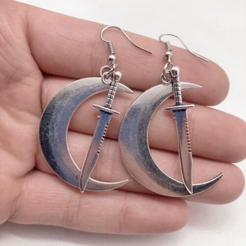 Crescent earrings, gothic moon dagger earrings, pagan witchcraft moon goddess moon phase witch women earrings gift