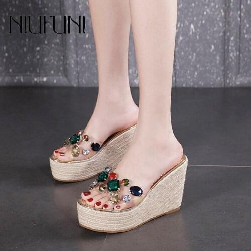 Platform Woman Sandals NIUFUNI Sexy Peep Toe Transparent Crystal Ladies Slippers Rhinestone High Heels Wedge Slides For Women