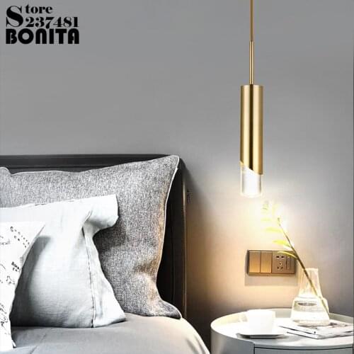 Nordic dining room bedside small droplight loft Copper Acrylic Cylindrical LED hanging lamp long tube crystal cord pendant light