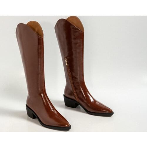 SKLFGXZY 2021 Fashion Genuine Leather Women Knee-High WESTERN Boots Pointed Toe Boots Ladies Boots Black