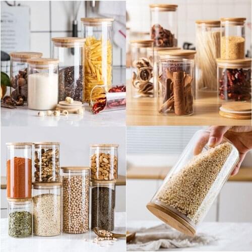 Kitchen Glass Storage Tank Kitchen Miscellaneous Grain Organizer Food Jar Bamboo Lid Food Sealed Container