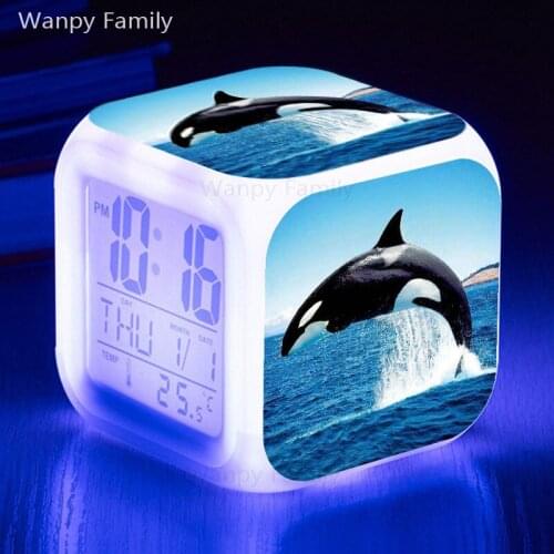 Jumping Black Dolphin LED Alarm Clock 7 Color Glowing Digital Electronic Clock For Kids roomStudent Bedside Desktop Alarm Clock