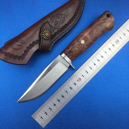 BOLTE VEYRON 12C27 blade wood handle Tactical fixed blade Small straight knife leather Sheath outdoor camping EDC knives tools