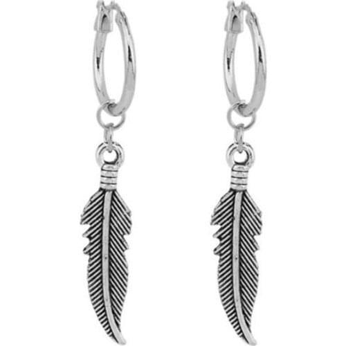 N7MF Titanium Steel Vintage Feather Leaves Pendant Drop Hoop Earrings Korean Jewelry