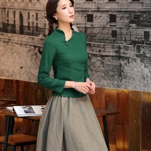 Блузки Green Crescent Collar Shirt Tops Mujer Camisa Female Blouse Traditional Chinese Womens Cotton Linen Clothings 2020