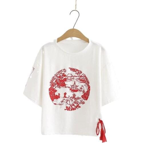 Womens Chinese style Cotton T Shirts Print White T Shirt 2020 Spring Femme O-Neck Femme Casual Loose Basic Tops Tees YUPINCIAGA