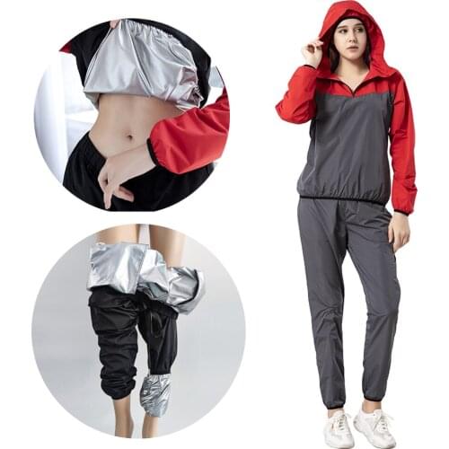 Womens Hooded Gym Sportswear Silver-plated Top Sweaty Clothes Slimming Sweating Outdoor Running Clothes Sports Loose Sweat Pant