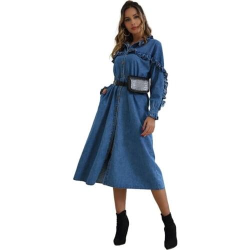 Women Autumn Winter Long Denim Dress Elegant Long Sleeve Lapel Ruffles Jeans Dress Female Office Lady Midi Shirt Dresses