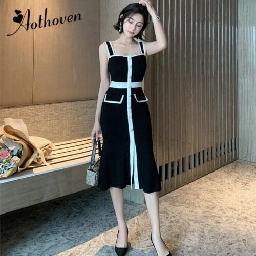 Summer Office Bandage High Quality Women Dress Spaghetti Strap Single Breasted Contrast Dress Elegant Club Sexy Party Dresses