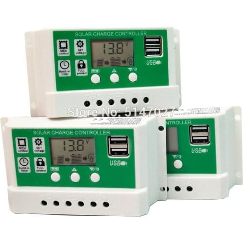 30/20/10A LCD display solar charger Lead acid AGM GEL Iron li-ion lithium battery PWM 12v24v auto solar charge controller USB 5V