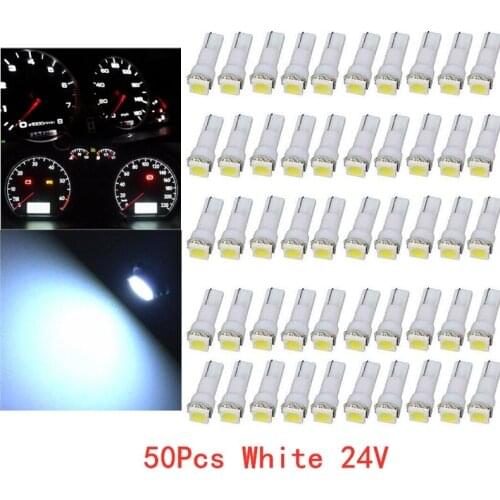 50Pcs T5 5050 1SMD 24V White Blubs Wedge Dashboard LED Lights Bulbs Car Lnstrument Indicator AC Lamp Auto Interior Accessories