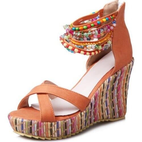 Summer wedge heel Bohemian handmade beaded sandals women 40-43
