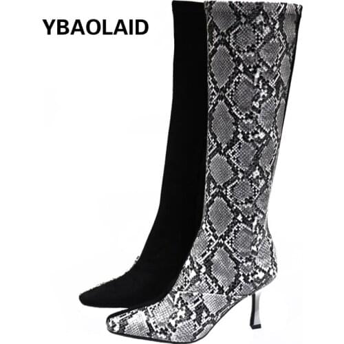 Square Toe Color-block Stretch Velvet High-heel Martin Boots Snake Print High-tube Back Zipper Stiletto Autumn and Winter Boots