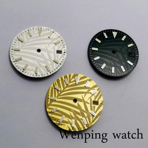 New 29mm No Logo Sterile Watch Green Luminous Yellow/Dark Green/White Leaf Dial Face Fit NH35 NH36A Movement